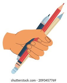 Pencils and pens for creating artistic masterpieces and drawings, isolated hand with tools for artworks. Studying or teaching art, lessons and classes. Masterclass or workshop. Vector in flat style