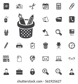 pencils and pens in a cup icon on the white background. Office set of icons