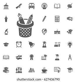 pencils and pens in a cup icon on the white background. Education Vector Icon Set