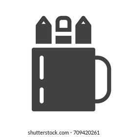 Pencils and pens in a cup icon vector, filled flat sign, solid pictogram isolated on white. Symbol, logo illustration. Pixel perfect graphics