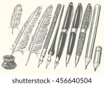 Pencils and Pens. Design set. Hand drawn engraving. Vector vintage illustration. Isolated on color background. 8 EPS