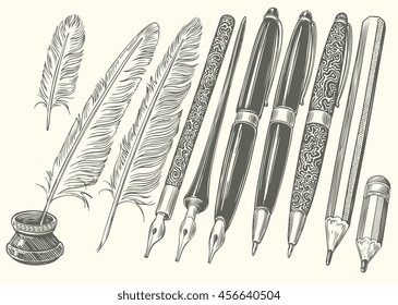 Pencils and Pens. Design set. Hand drawn engraving. Vector vintage illustration. Isolated on color background. 8 EPS