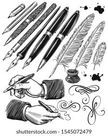 Pencils, pens, feathers, writing hands, blots and scribbles. Design set. Hand drawn engraving. Editable vector vintage illustration. Isolated on white background. 8 EPS 