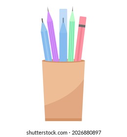 Pencils and pens in a glass vector illustration. Stationery icon flat style. Desktop organizer for student or office worker.