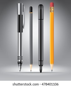 Pencils and pens on grey, vector illustration template for advertising