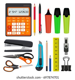 Pencils pens and other different office stationery vector illustrations set isolate on white
