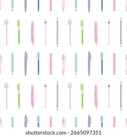 Pencils and pens seamless pattern. Flat style stationery vector pattern on white background