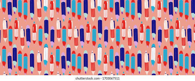 Pencils and pens seamless school pattern. Cute colourful stationery background. Modern hand-drawn cartoony vector illustration for wallpapers, textile, fabric, web banner and wrapping paper design.