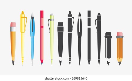 Pencils and pens. Vector set