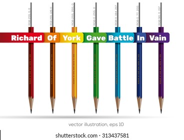 Pencils of rainbow colors. Richard Of York Gave Battle In Vain. Roy G. Biv. ROYGBIV, vector illustration