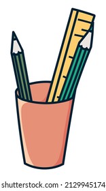 Lápices y regla en una taza de ilustración de un vector de doodle coloreado. Aislado sobre un fondo blanco. Dibujado a mano, cómico, contorno.