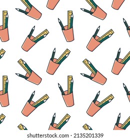 Lápices y regla en una taza Vector de color de patrón sin fisuras Doodle. Textura para fondo, etiqueta, impresión, embalaje, mercancía, escaparate, libro, tarjeta de felicitación, folleto.
