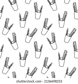 Pencils and ruler in a cup seamless pattern doodle outline vector. Texture for background, label, print, booklet, greeting card, packaging, merchandise, showcase, book, poster, fabric.