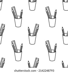 Pencils and ruler in a cup seamless pattern doodle outline vector. Texture for background, label, print, packaging, merchandise, greeting card, book, storefront, poster, fabric, wrapping, textile.