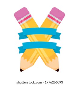 pencils school supplies with ribbon frame vector illustration design