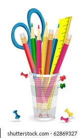 pencils, scissors  and pins in holder. Vector.