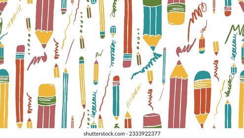 Pencils with scribbles seamless pattern. Hand drawn crayons collection. Colorful elements. Kids style drawing pencil. Doodle crayon. Cute wallpaper. Vector illustration on white background 