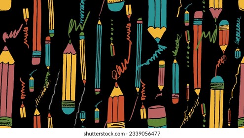 Pencils with scribbles seamless pattern. Hand drawn crayons collection. Colorful elements. Kids style drawing pencil. Doodle crayon. Cute wallpaper. Vector illustration on black background