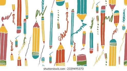 Pencils with scribbles seamless pattern. Hand drawn crayons collection. Colorful elements. Kids style drawing pencil. Doodle crayon. Cute wallpaper. Vector illustration on white background 