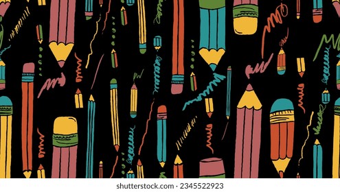 Los lápices con garabatos son un patrón sin fisuras. Colección de crayones dibujados a mano. Elementos coloridos. Lápiz de dibujo al estilo de los niños. Crayón Doodle. Papel tapizado. Ilustración del vector sobre fondo negro