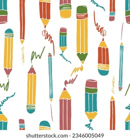 Pencils with scribbles seamless pattern. Hand drawn crayons collection. Colorful elements. Kids style drawing pencil. Doodle crayon. Cute wallpaper. Vector illustration on white background