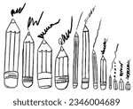 Pencils with scribbles set. Hand drawn crayons collection. Monochrome outline isolated elements. Kids style drawing pencil. Doodle crayon. Isolated vector illustration.