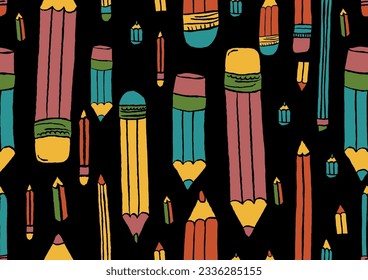 Pencils seamless pattern. Hand drawn crayons collection. Colorful elements. Kids style drawing pencil. Doodle crayon. Cute wallpaper. Vector illustration on white background 