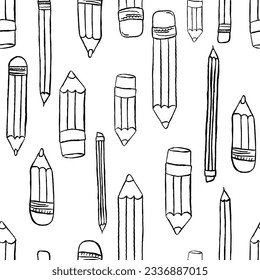 Pencils seamless pattern. Hand drawn crayons collection. Outline elements. Kids style drawing pencil. Doodle crayon. Cute wallpaper. Vector illustration on white background 