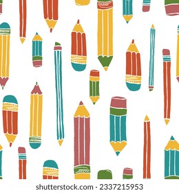 Pencils seamless pattern. Hand drawn crayons collection. Colorful elements. Kids style drawing pencil. Doodle crayon. Cute wallpaper. Vector illustration on white background 