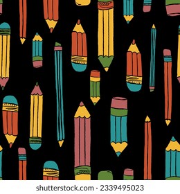 Patrón sin fisuras de lápices. Colección de crayones dibujados a mano. Elementos coloridos. Lápiz de dibujo al estilo de los niños. Crayón Doodle. Papel tapizado. Ilustración del vector sobre fondo blanco