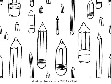 Pencils seamless pattern. Hand drawn crayons collection. Outline elements. Kids style drawing pencil. Doodle crayon. Cute wallpaper. Vector illustration on white background 