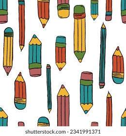 Pencils seamless pattern. Hand drawn crayons collection. Colorful elements. Kids style drawing pencil. Doodle crayon. Cute wallpaper. Vector illustration on white background