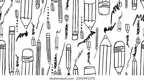 Pencils seamless pattern. Hand drawn crayons collection. Outline elements. Kids style drawing pencil. Doodle crayon. Cute wallpaper. Vector illustration on white background 