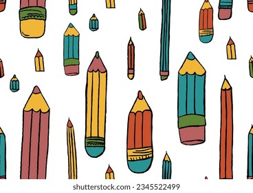 Pencils seamless pattern. Hand drawn crayons collection. Colorful elements. Kids style drawing pencil. Doodle crayon. Cute wallpaper. Vector illustration on white background