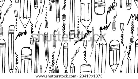 Pencils seamless pattern. Hand drawn crayons collection. Outline elements. Kids style drawing pencil. Doodle crayon. Cute wallpaper. Vector illustration on white background 