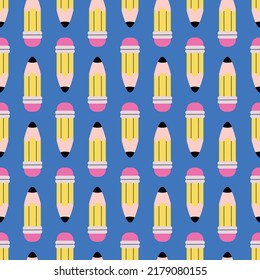 Pencils seamless school supplies pattern. Children's cute colourful stationery background. Back to school. Modern vector illustration for wallpapers, textile, fabric, web banner and wrapping paper.