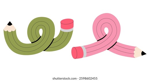 Pencils set vector illustration. Twisted flexible colorful simple pencil in different shapes like knot, check mark, bend one, doodles. Back to school, teachers day concept.