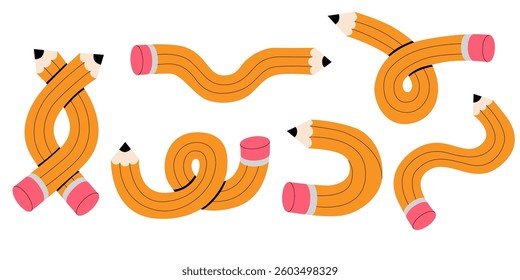 Pencils set vector illustration. Twisted flexible yellow simple pencil in different shapes like heart, knot, check mark, bend one, doodles. Back to school, teachers day concept.