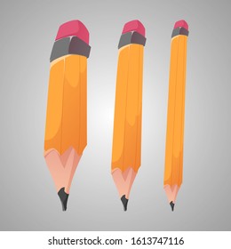 pencils. Set of vector illustrations in realistic vintage style sharpened pencils of various lengths with a rubber