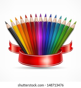 Pencils in the shape of fan with ribbon on white, vector illustration