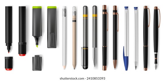 Pencils with sharp edge and eraser, stationery supply for school or office. Vector isolated pen with ink, marker for board and highlighter for text. Drawing and writing, coloring and highlighting