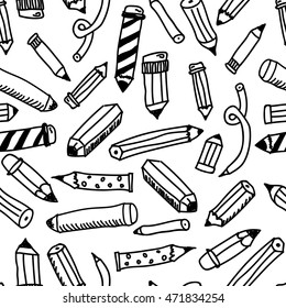 Pencils sketch seamless monochrome pattern in doodle style, vector illustration