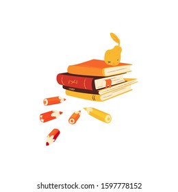 Pencils and stack of books with pear lying on top of its cartoon style, vector illustration isolated on white background. Educational concept with pile of books and fruit, back to school