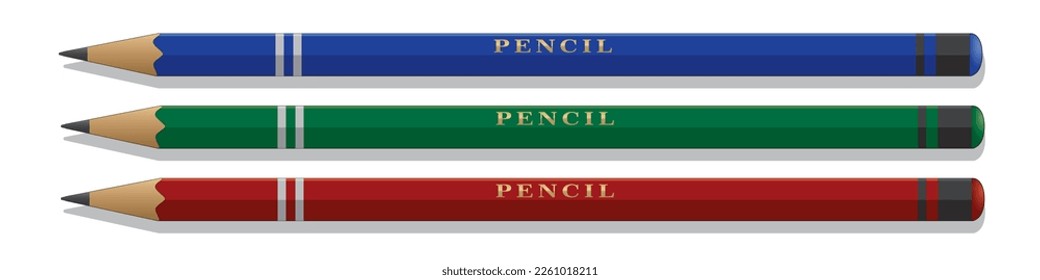 Pencils in three colors vector image, staionery illustration isolated on white background, eps