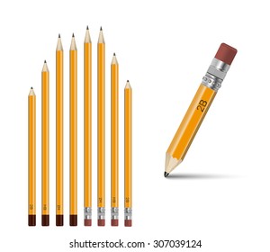  pencils various length on white background.