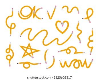 Pencils of various shapes and forms set. Doodle star, heart, ok, wow phrase, frames, borders. Bended, curved stationery. Back to school. Vector illustration isolated on white background