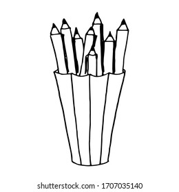 Pencils in a vase. Simple outline drawing by hand, doodles. Vector black and white illustration. Isolated element on a white background.