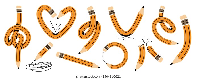 Pencils vector illustration. Twisted flexible yellow simple pencil in different shapes, heart, knot, check mark, circle, broken pen, doodles. Back to school, teachers day concept.