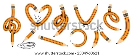 Pencils vector illustration. Twisted flexible yellow simple pencil in different shapes, heart, knot, check mark, circle, broken pen, doodles. Back to school, teachers day concept.