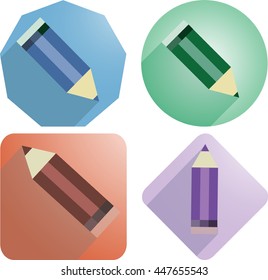 Pencils. Vector image. The four icons. Pencils with shadow on blue, green, red and purple background.